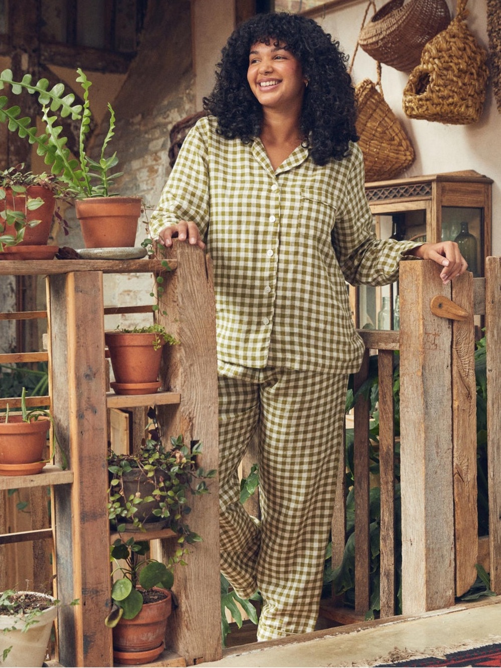 Piglet in Bed Botanical Green Gingham Linen Cotton Pajama Set Sz Small
